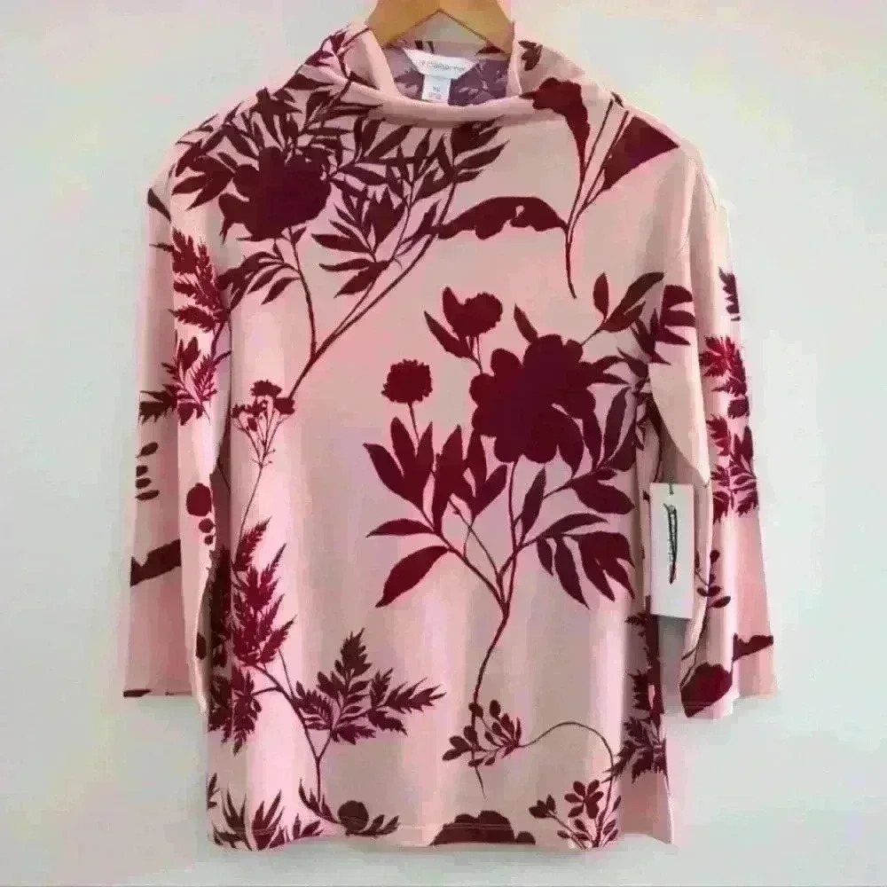 LIZ CLAIBORNE | Women's Pink//Red Colourblock Floral Turtleneck Top